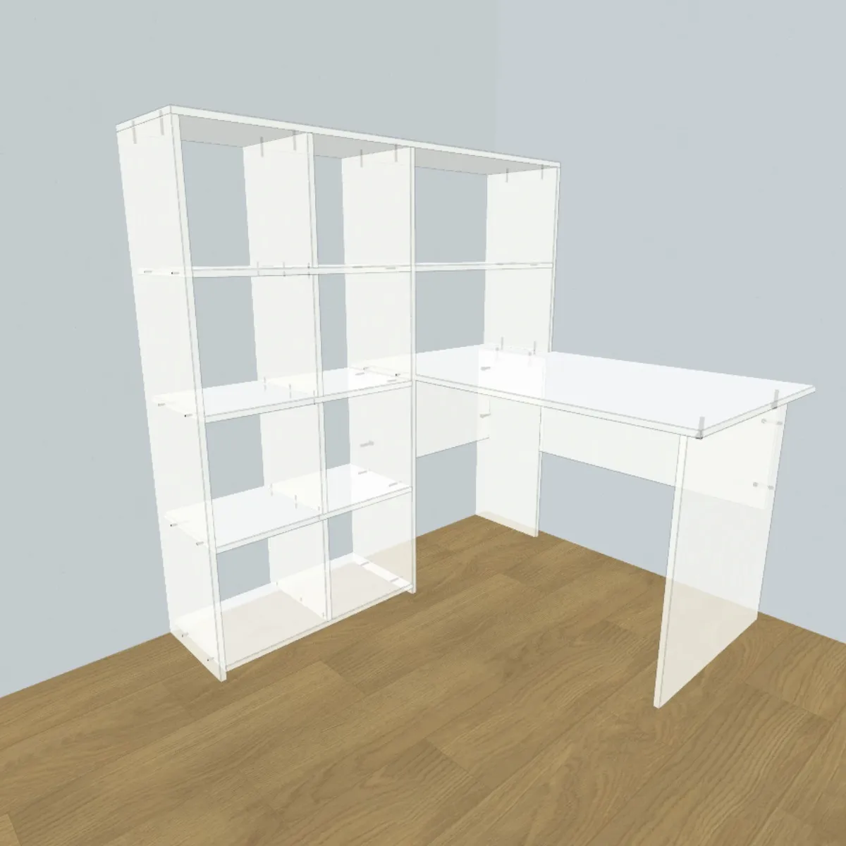 Projeto de mesa em L com estante integrada para home office, medidas e planta faça você mesmo