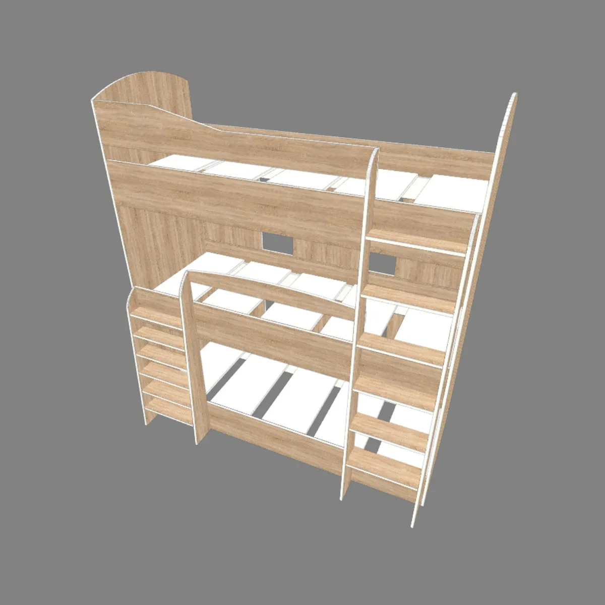 Projeto de cama beliche tripla infantil com medidas e armazenamento integrado