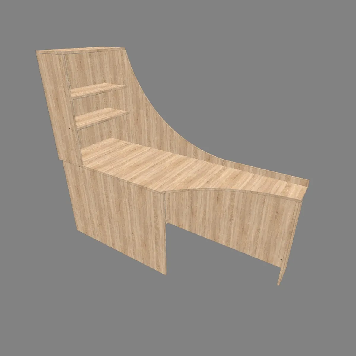 Planos de mesa de trabajo moderna con diseño curvo y estantes, medidas y materiales