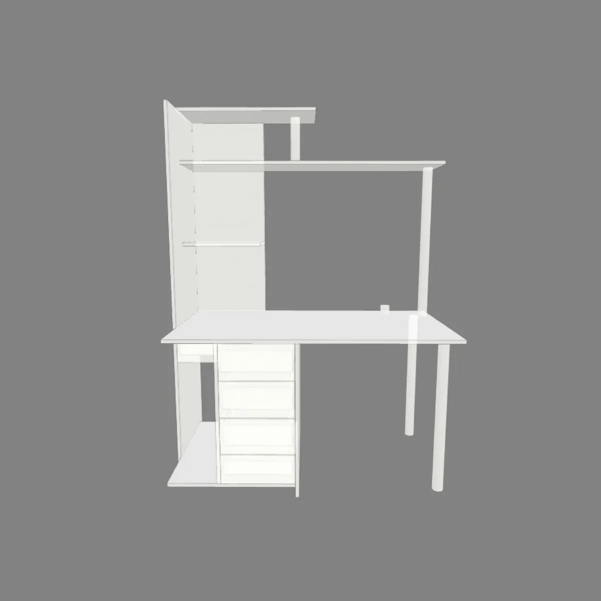 Disegno tecnico scrivania bianca minimal con cassetti e ripiani, progetto fai da te