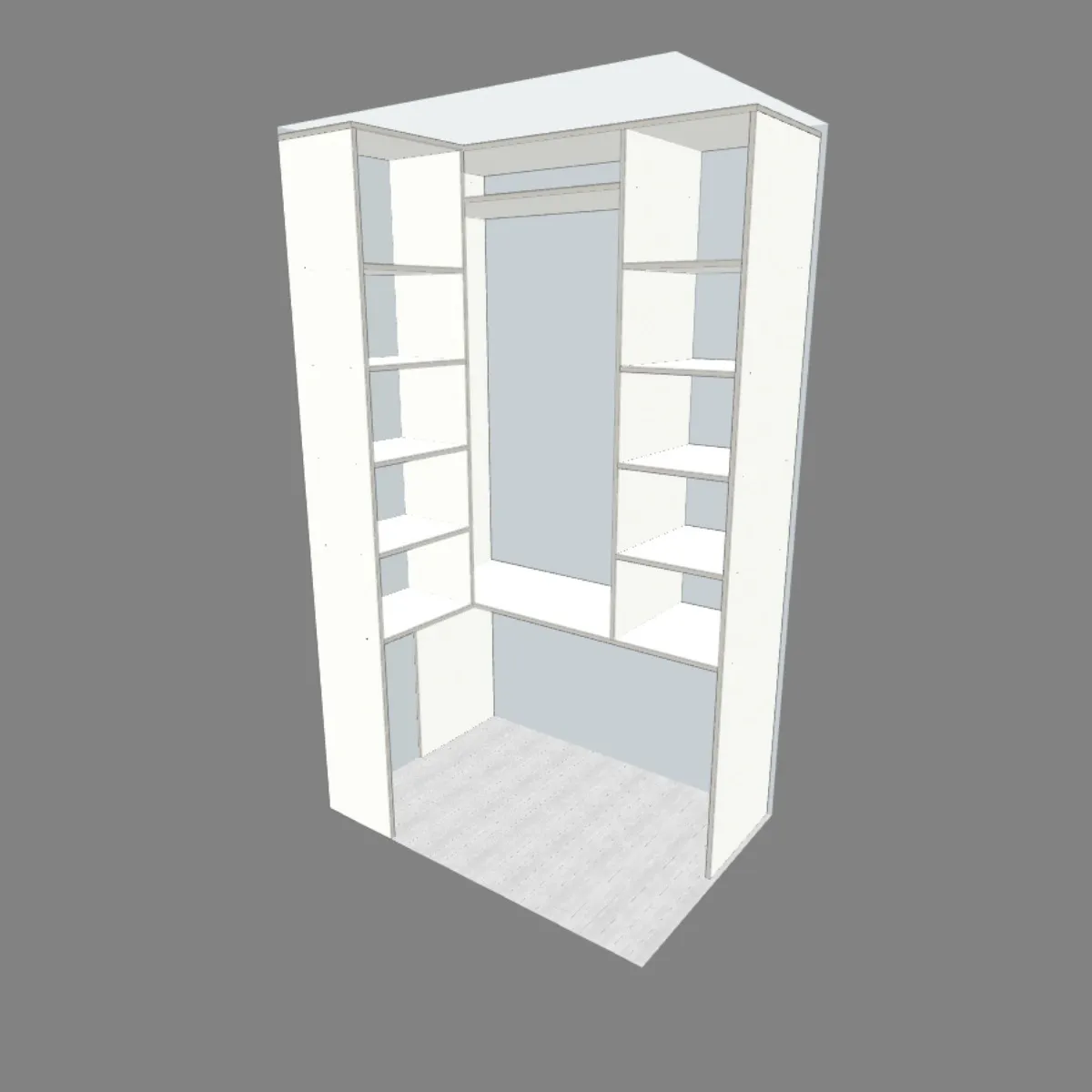 Modern L-shaped corner wardrobe blueprint with shelves and hanging rod design