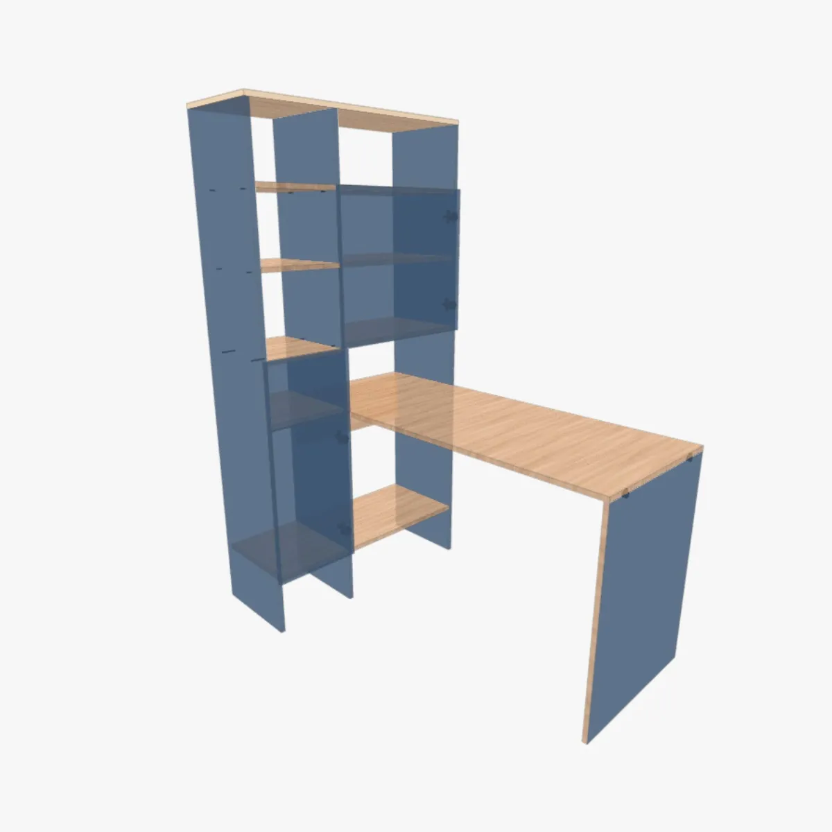 DIY desk plans with shelving tower in laminated particle board, home office workstation blueprint