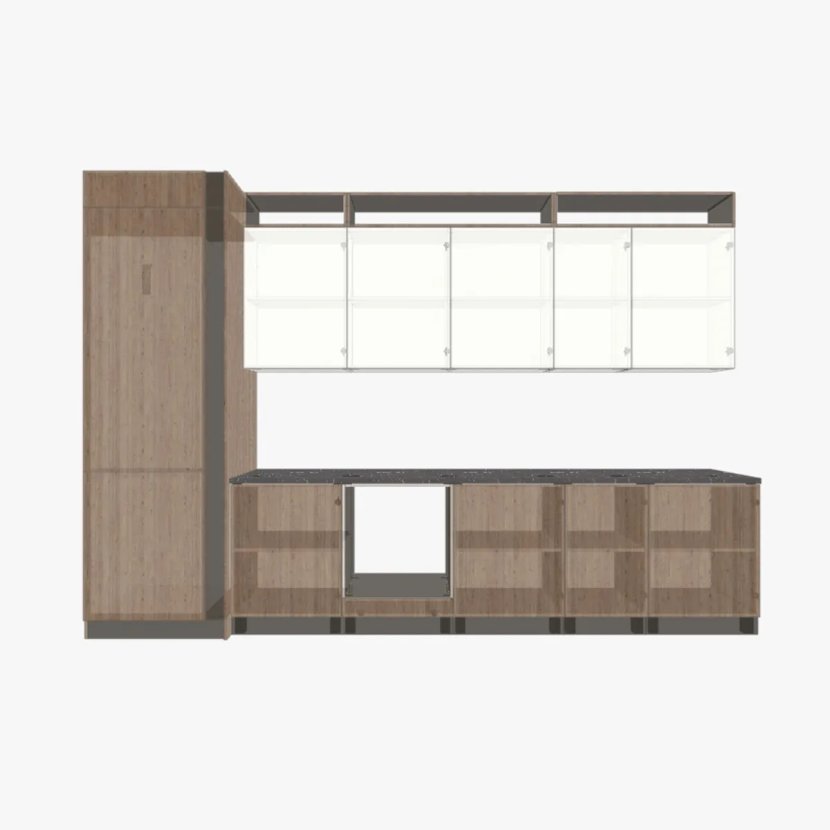 Чертёж современной кухни с пеналом под холодильник, схема сборки