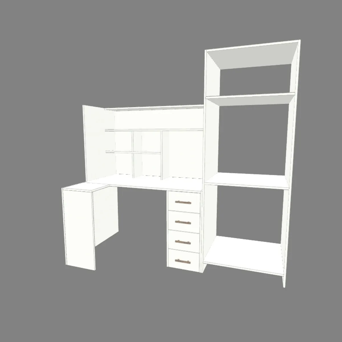 Projekt biurka L z wymiarami i pionowymi półkami, DIY z płyty meblowej