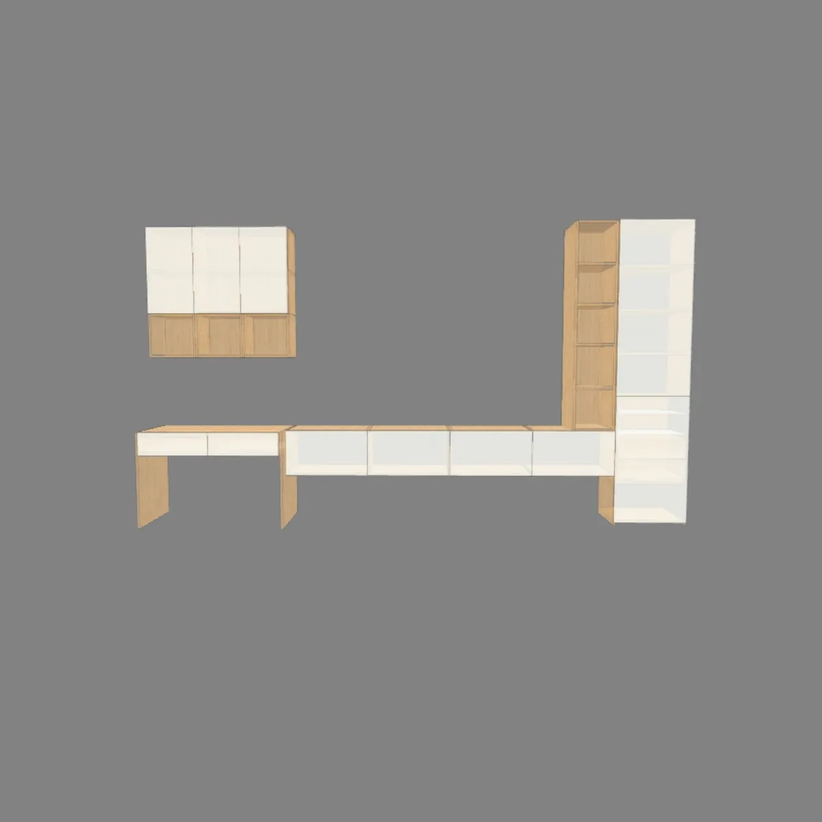 Modern modular office cabinet design with wall-mounted units and a freestanding bookcase