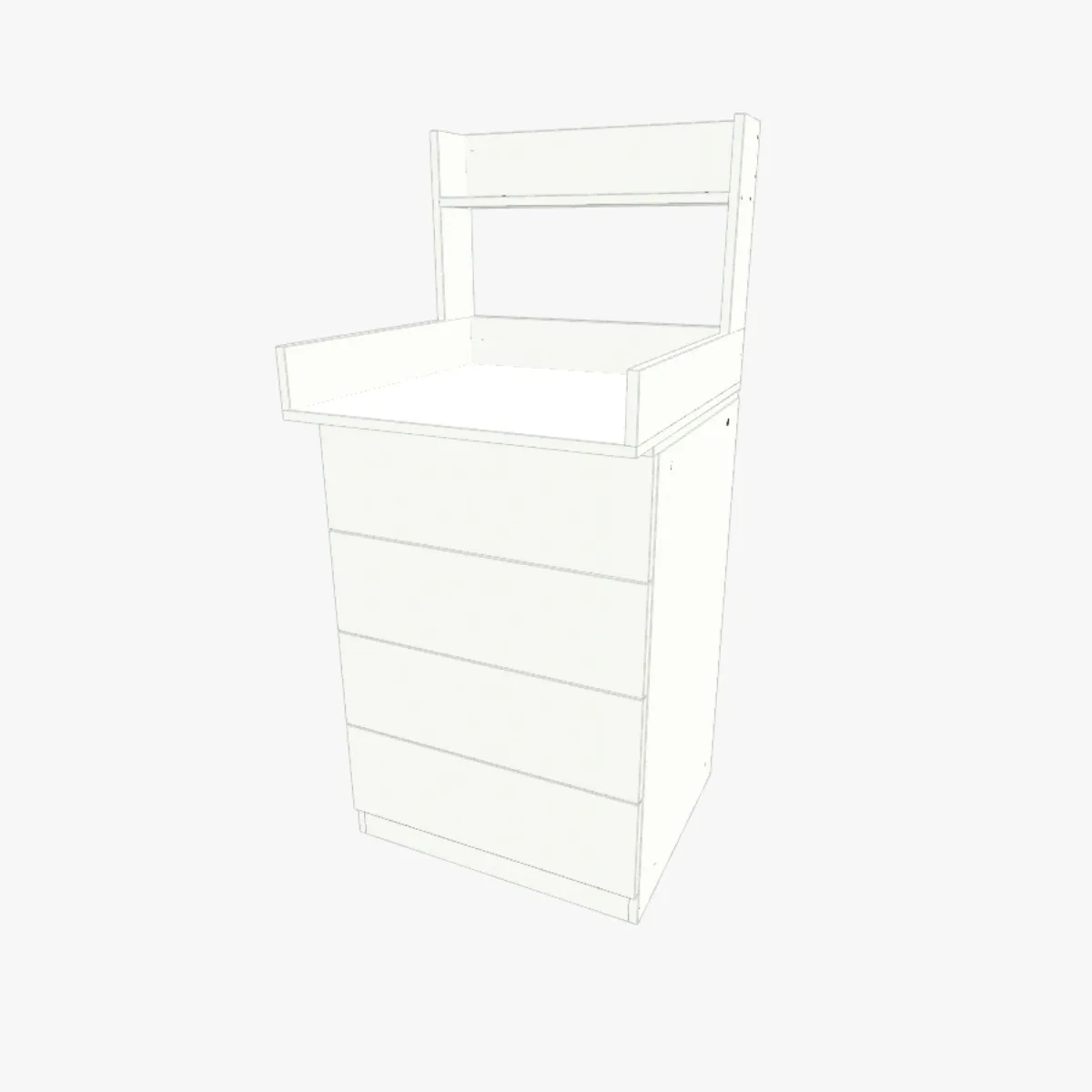 Cômoda trocador branca com prateleira superior, tampo com bordas e quatro gavetas, design minimalista para quarto de bebê