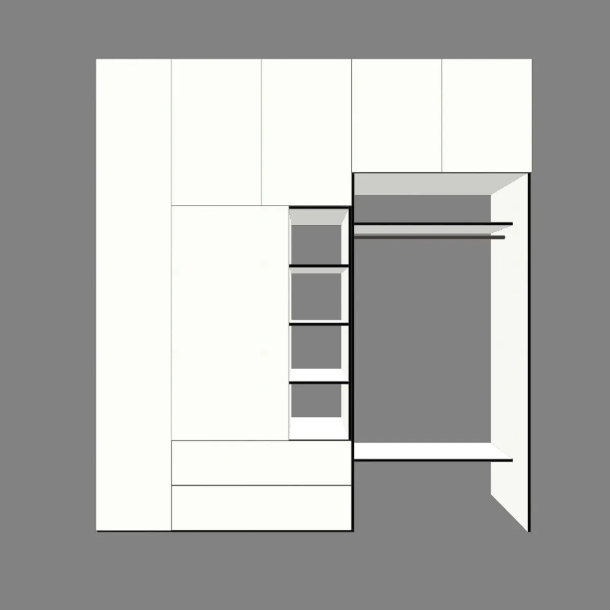 Schematic 3D rendering of semi-open wardrobe plans showing hanging rail, open shelves, and closed cabinet storage in a closet blueprint layout
