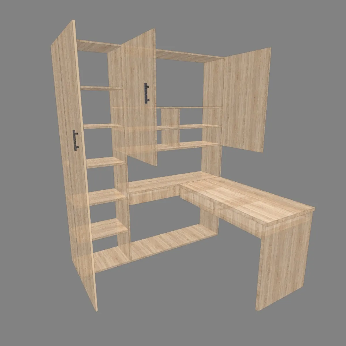 Planos de escritorio en L con estantería y medidas para home office moderno