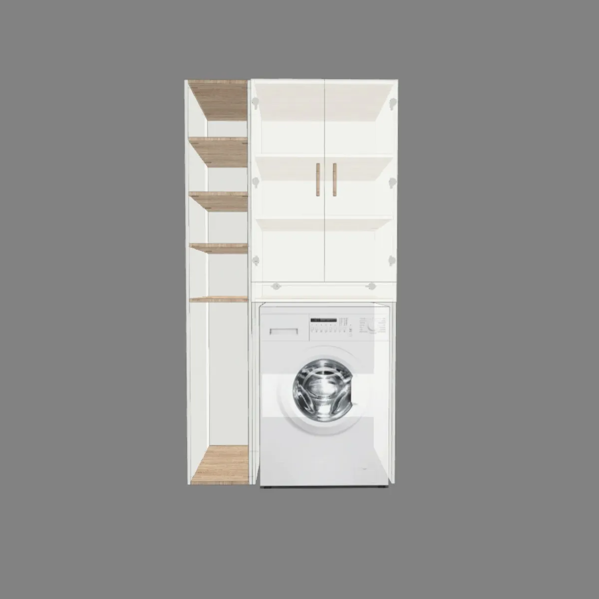 Plan armoire salle de bain moderne avec machine à laver intégrée et rangement ouvert