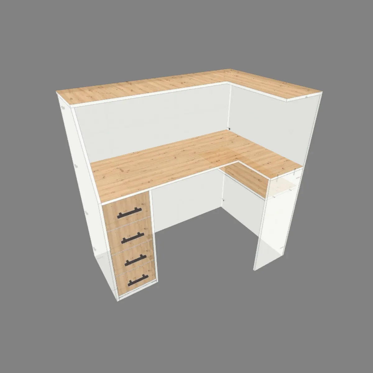 Planos y diseño de mesa de esquina L con cajones para oficina en casa