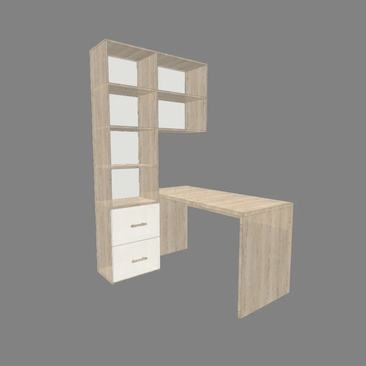 Planos de mesa de oficina en L con estantería, diseño moderno para home office