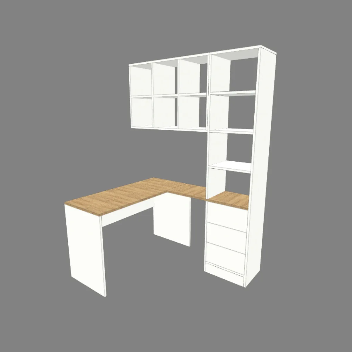 Planos de escritorio L con estantería integrada y medidas para home office