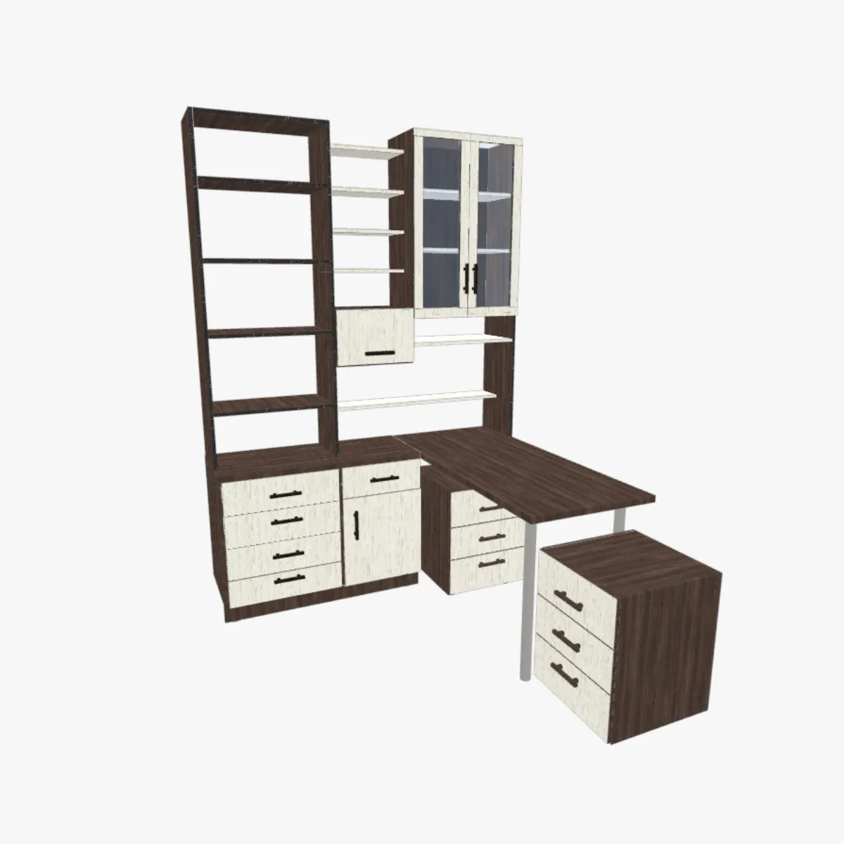 Planos de estación de trabajo L con librero y medidas para oficina en casa