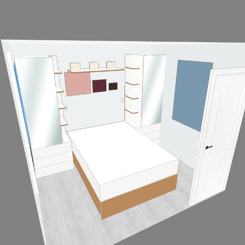 Habitación pequeña con estantes decorada